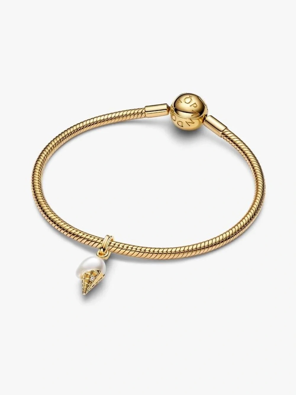 Pandora Gold Snake Chain Bracelet with Pearl Shell Dangle